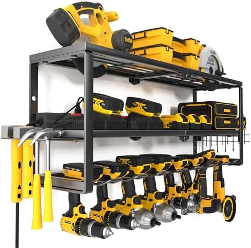 YYR Heavy Duty Power Tool Organizer with Charging Station, Cordless Drill Hanger Storage Rack, Battery Tools Holder Wall Mount Shelf for Garage - 32 Inch Equipped with Surge Protection Power Strip
