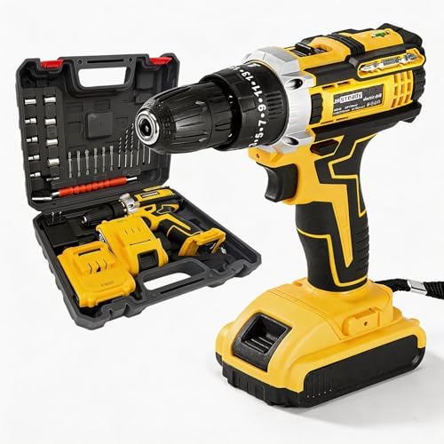 21V Cordless Drill Driver Kit, 25+1 Clutch, 2 Batteries & Charger, 3/8" Keyless Chuck, LED Light, Complete Drill Set with Carry Case, Ideal for Home Improvement, Household Repairs & DIY Projects
