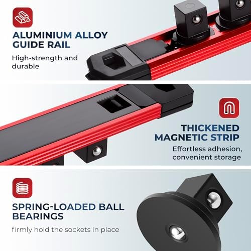 Reniteco Magnetic Socket Organizer Set, 3-Pack 3/8” Socket Rails | 42 Clips, Heavy-Duty Aluminum Alloy Rails, Removable 360° Swivel ABS Clips, Magnetic Base, Tool Box Drawer or Wall Mount