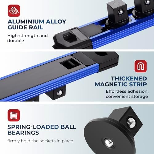 Reniteco Magnetic Socket Organizer Set, 3-Pack 3/8” Socket Rails | 42 Clips, Heavy-Duty Aluminum Alloy Rails, Removable 360° Swivel ABS Clips, Magnetic Base, Tool Box Drawer or Wall Mount
