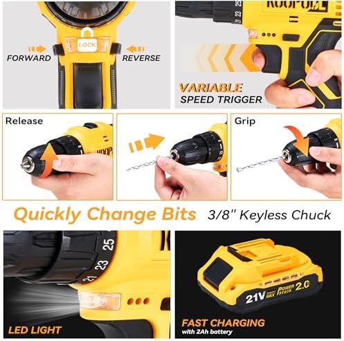 Tool Kit Box Drill Set with 21V Cordless Drill, Tool Box with Drill, Hand Drill Set for Men, Power Tool Combo for Home Repair, DIY, Handyman
