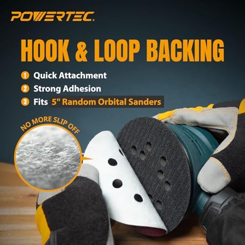 POWERTEC 25PK, 60 Grits, Sanding Discs 5 Inch - Hook and Loop, 5 Inch 8 Hole Aluminum Oxide Sandpaper Discs, Woodworking Sanding Pads for Random Orbital, Palm, Air, DA & Pneumatic Sander (45006)
