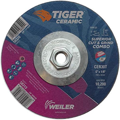 Weiler 58320 6 x 1/8 Tiger Ceramic Type 27 Cut Off/Grind Combo Wheel CER30T 5/8-11 Nut (Pack of 10)
