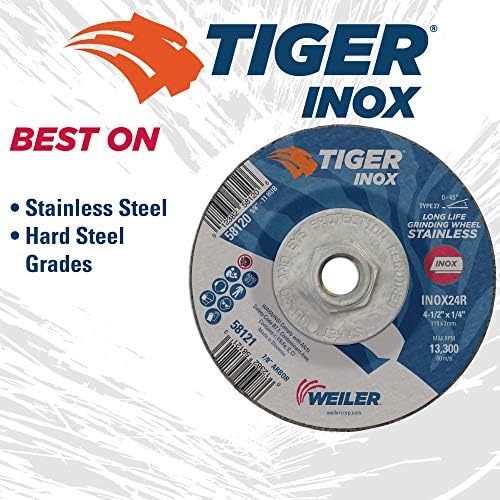 Weiler 58120 4-1/2" x 1/4" Tiger INOX Type 27 Grinding Wheel, INOX24R, 5/8"-11" UNC Nut (Pack of 10)