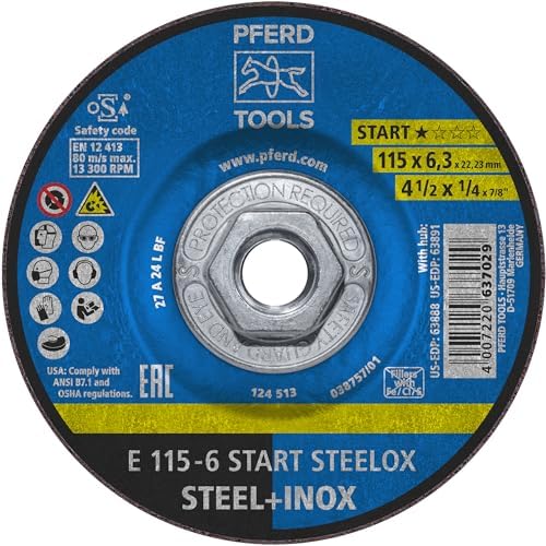 PFERD START STEELOX Type 27 Grinding Wheel, 4-1/2" x 1/4" x 5/8"-11, Aluminum Oxide – for Angle Grinders – Use on Steel & Stainless Steel (Pack of 10) - Part 63891