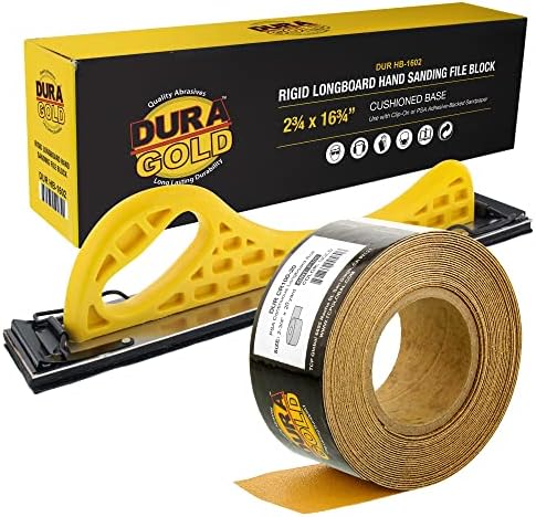 Dura-Gold Pro Series Longboard Hand Sanding File Sander Block - Hook & Loop Backing and PSA Backing Adapter Pad & 100 Grit PSA Longboard Sandpaper 20 Yard Roll, 2-3/4" Wide