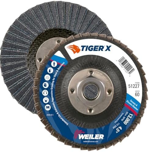Weiler 51227 Tiger X Flap Disc, Ceramic and Zirconia Alumina, Flat, Phenolic Backing, 60 Grit, 4-1/2", 5/8-11" Arbor Hole (Pack of 10)