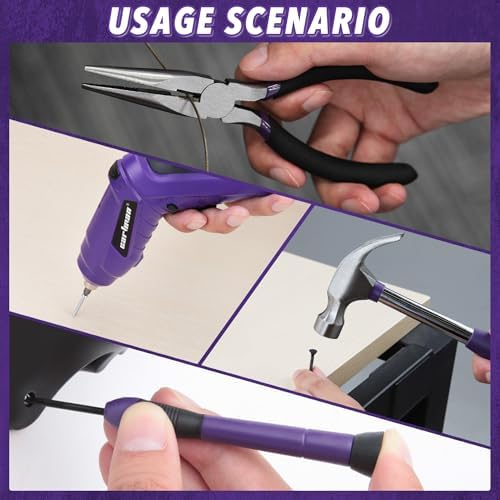 CARTMAN 149PCS Tool Set, Purple Cordless Screwdriver, Home Repair Tool Kit