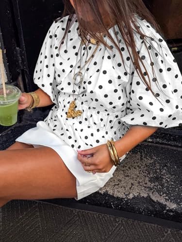 Cicy Bell Women Polka Dot Peplum Blouse Round Neck Puff Sleeve Summer Top