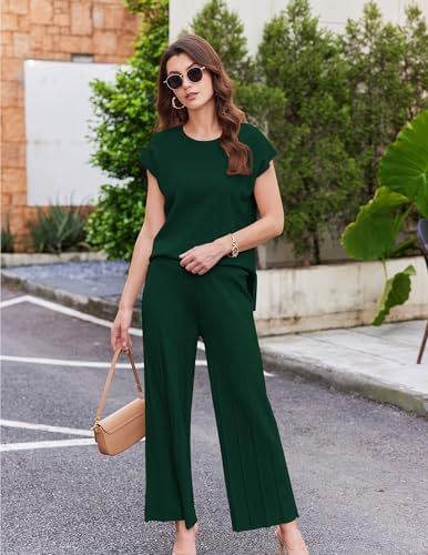 Ekouaer Lounge Sets for Women Two Piece Outfits Knit Cap Sleeve Tops Wide Leg Pleated Pants Casual Dressy Sweater Sets