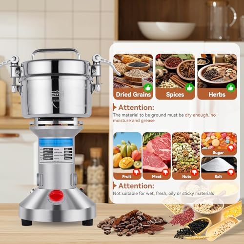 Grain Mill, 2000W High-Speed 750g 304 Stainless Steel grain mill for flour & Professional Spice Grinder for Kitchen Coffee Shop - Grinds Grains, Coffee, Dry Spices, Easy Operation