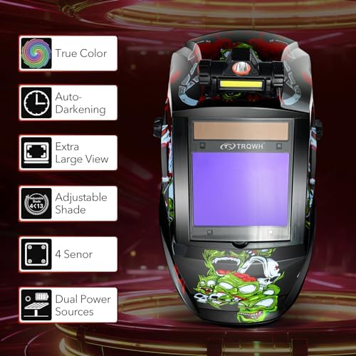 TRQWH Welding Helmet Auto Darkening Large Viewing True Color Solar Powered Welding Mask with 4 Arc Sensor Adjustable Wide Shade Range 4~5-8/9-13 Welder Mask with Grinding