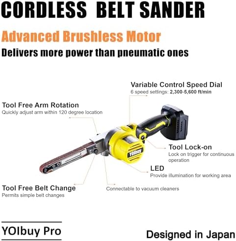 YOIbuy Cordless Belt Sander Compatible with DeWalt 20V Battery, 6 Variable Speed,120° Adjustable, High speed 5,600 Ft/Min, Quick Belts Change, Power Sander for Woodworking,Paint,Metal Rust (Tool Only)