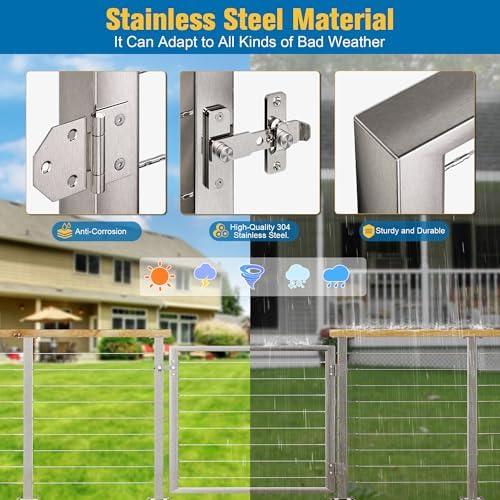 Outdoor Gate Integrated Welding Cable Railing Gate for Wood Metal Cable Railing System Stainless Steel Fence Gate (Left Hand in Swing, Slivery)