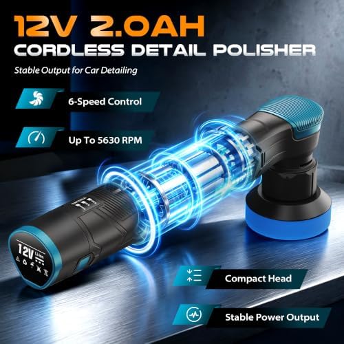 LDHTHOPI Cordless Mini Car Polisher, 12V, DA/RO 6-SPD 1000-5600RPM