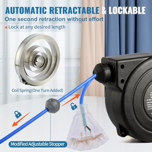 VEVOR 30FT Retractable Extension Cord Reel, 16AWG/3C SJTOW Heavy Duty Power Cord w/Lighted Electrical Triple Tap Outlets, 10A Circuit Breaker, 180° Swivel Bracket for Workshop or Garage, Blue