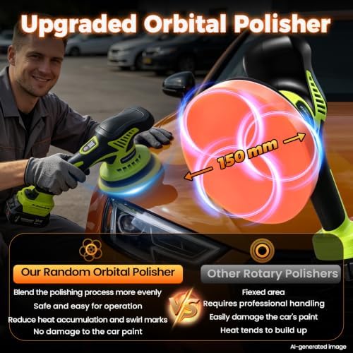 Cordless Car Buffer Polisher with 2x2.0Ah 21V Batteries, 8 Variable Speed Car Orbital Polisher 2800-6000RPM Car Polishing Kit with 26 Piece Attachments for Car Waxing, Detailing &Scratch Removing