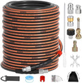 200FT Sewer Jetter Kit for Pressure Washer, 1/4" NPT Corner Drain Cleaner Hose 5800 PSI with Sewer Jetting Nozzles, Pearl Corsage Pin, Waterproof Tape, Extension Cord Organizer&2 Spanner