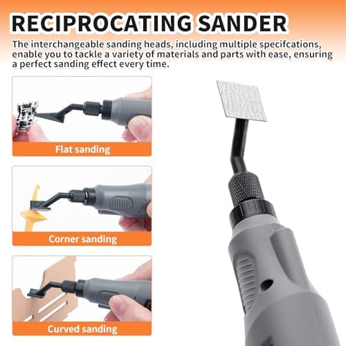 Reciprocating Sander, Variable Speed and USB Charging with LED Light, Pen Sander With 6pcs Sanding Head, Fit for Sanding, Polishing, Finishing, DIY Crafts (Grey)