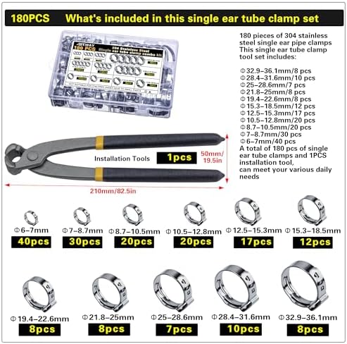 ASKWAY Single Ear Hose Clamp 6-36Mm 180 Pcs 11 Sizes, 304 Stainless Steel Stepless Hose Clamp, Suitable For Pex Pipe Connection, Automotive, Pipeline, Garden And Industrial Use