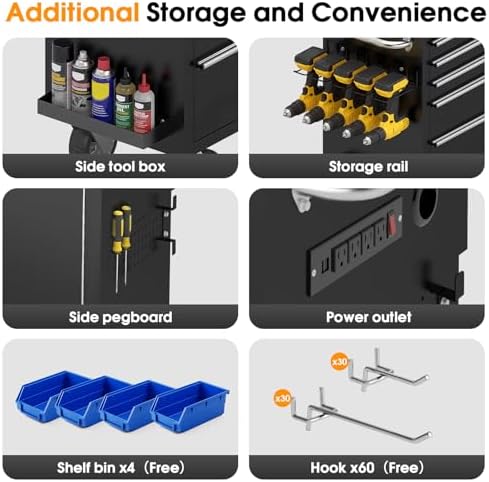 72" Rolling Tool Chest, 10 Drawers Garage Workbench Storage Tool Cabinet with Power Strip, Solid Rubber Wood Top, Pegboard, Light Strip, Mobile Workstation with Key Locking System