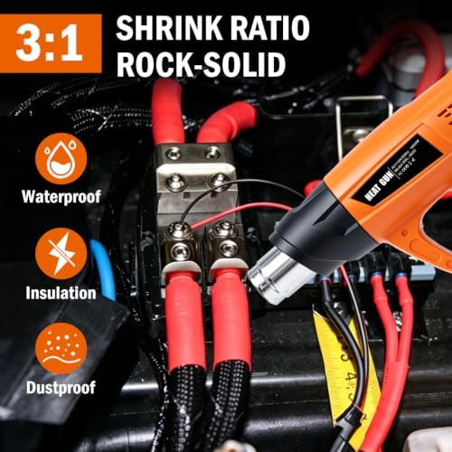 300PCS Waterproof Solder Seal Wire Connectors & 3:1 Heat Shrink Tubing with 1800W Heat Gun Kit 122℉~1202℉ Variable Temp 1.5S Fast Heating Overheat Protection for Auto Marine & Wiring Repair 10-26 AWG