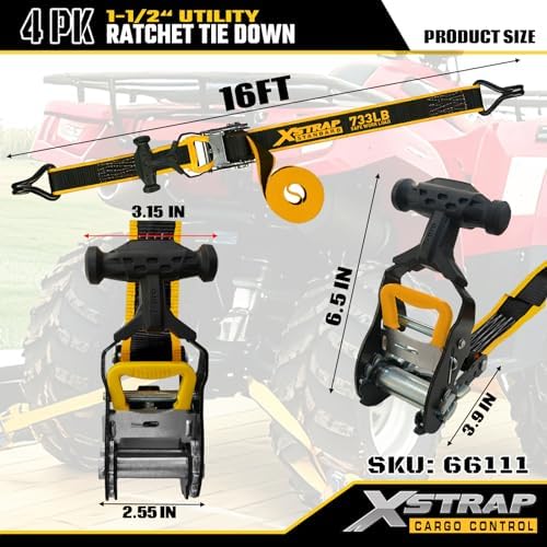 XSTRAP STANDARD 4-PK Heavy Duty Ratchet Tie Down Straps, Ammo Storage Box | 1.5"x16FT Motorcycle Straps with Double J Hooks with Ergonomic T-Handle, 3300 lbs Break Strength for Truck, ATV, Trailer, UTV