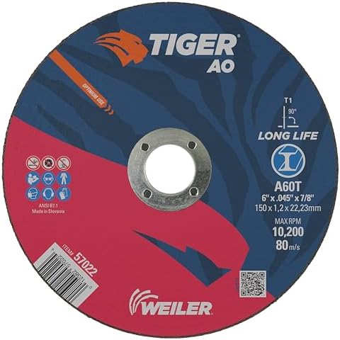 Weiler 57022 6 Inch Cutting Wheel, Tiger AO Steel/Metal Long Life Performance Cutting, .045" A60T Type 1 7/8" Arbor, Pack of 25