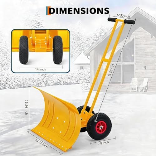 MAXSA 39" W Snow Shovel Pusher with Wheels for Driveway, Double Rod, Yellow