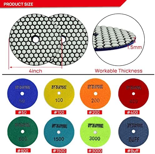 DT-DIATOOL Dry Diamond Polishing Pads 4 Inch for Granite Marble Quartz Stone Countertop Tiles 8 Pieces Grits 100