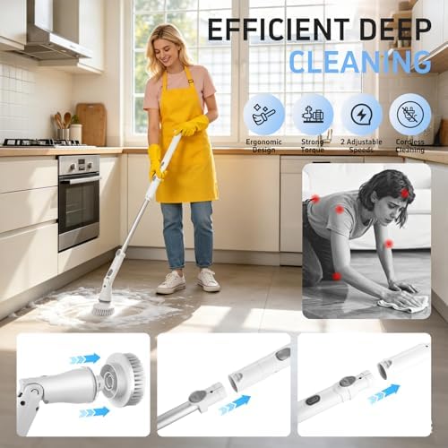 Electric Spin Scrubber, 8 in 1 LED Electric Scrubber for Cleaning, 90 Mins Long Runtime IPX6 Waterproof & 52" Extendable Handle for Deep Clean Bathroom Grout, Tile and Kitchen