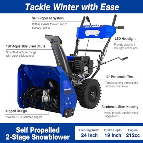 BILT HARD 2 Stage Gas Snow Blower 24-Inch with 212cc Engine, Self Propelled Snowblower with Electric Start and LED Headlight, Snow Removal Machine for Driveway