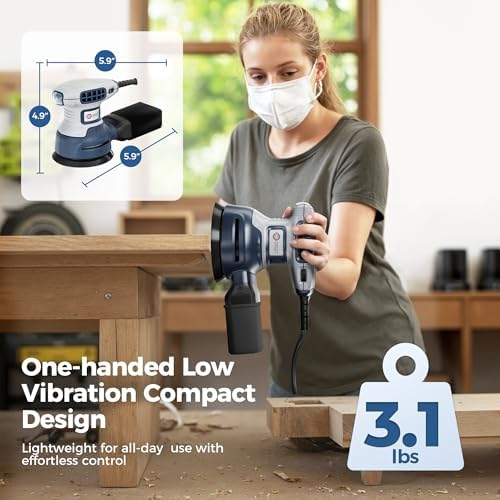 Orbital Random Sander Tool, 6 Variable Speeds With Dust Bag, 360W, Palm Hand Sander For Woodworking, 13000 Rpm Small Handheld Electric Sander With Vacuum Dust Collector For Wood