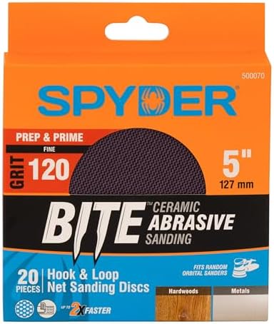 Spyder 20-Pack 120 Grit Sanding Discs, Ceramic Net, 5-Inch Hook and Loop, for Random Orbital Sander (500070)