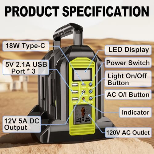 350W Power Inverter Compatible with Ryobi 40V Battery 4-Ports DC 40V to AC 110~120V Pure Sine Wave Battery Inverter with LED Light, USB-A Port,Type-C Port,DC Port for Camping Emergency Travel