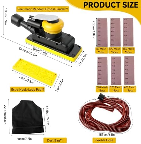 Pneumatic Random Orbital Sander, 70mm x 198mm 1/8" Orbit, 10,000 OPM with Dust Bag & Vacuum, Includes Extra Pad & 30pcs Mesh Sandpapers for Woodworking, Auto Body, Metal Finishing