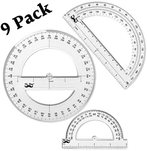Mr. Pen- Protractor Set, 9 Pack, Clear Plastic 4", 6" & 360 Degree Protractors for Measuring Angles, Math, Geometry, Drafting, Classroom Supplies & Technical Drawing