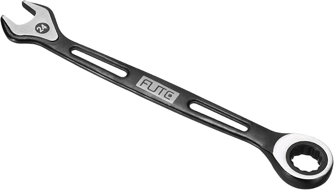 HARFINGTON Ratcheting Combination Wrench 24mm Stubby Wrench Metric High Carbon Steel Double 12-Point Box Open-Ended Ratchet Spanner Tool for Household Garage Workshop Auto Repairs, Black