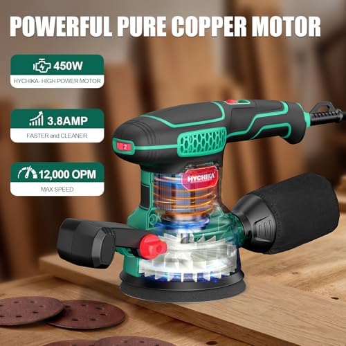 HYCHIKA Random Orbital Sander, 6 Variable Speed 3.8Amp 450W 5-Inch Electric Wood Sander with Double Handle, High Efficiency Dust Collector & 20Pcs Sandpapers for Heavy Duty Woodworking