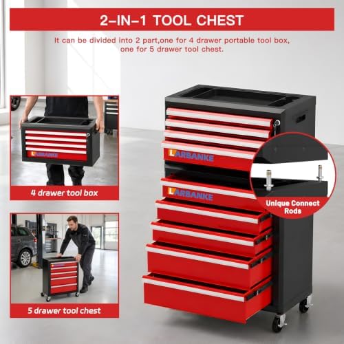 LARBANKE 9-Drawer Rolling Tool Chest with Wheels,Lockable Tool Cabinet