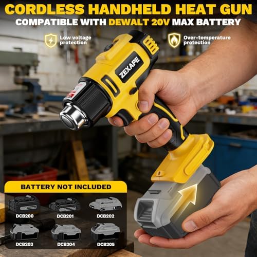 Cordless Heat Gun Compatible with Dewalt 20V Battery, 350W Fast Heating Soldering Gun with LED Light, 122℉-1022℉ Variable Temperature with 5 Nozzles for DIY Craft, Shrink Tubing (Tool Only)