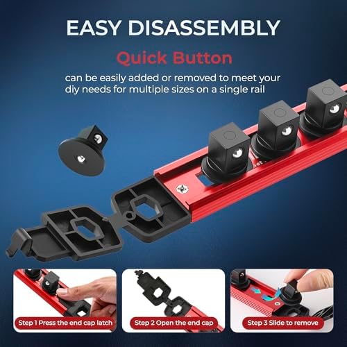 Reniteco Magnetic Socket Organizer Set, 3-Pack 3/8” Socket Rails | 42 Clips, Heavy-Duty Aluminum Alloy Rails, Removable 360° Swivel ABS Clips, Magnetic Base, Tool Box Drawer or Wall Mount