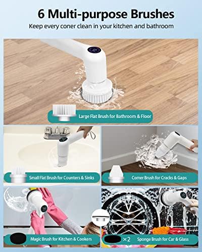Electric Spin Scrubber Cordless Power Scrubber Handheld Electric Cleaning Brush, Shower Cleaner Brush with 6 Replaceable Brush Heads and 2 Rotating Speeds for Tile, Tub, Dish, Sink, Grout, Kitchen