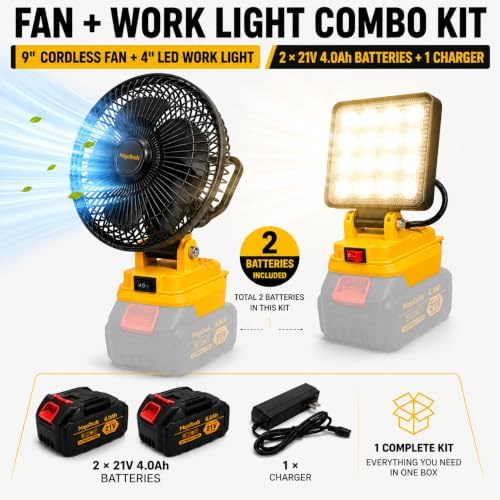 21V Cordless Camping Fan & LED Work Light Combo Kit — 9-Inch Portable Job Site Fan with Stepless Speed, 4.0Ah Battery & Charger Included, for Camping, Outdoor (Yellow Black Fan Light Set)