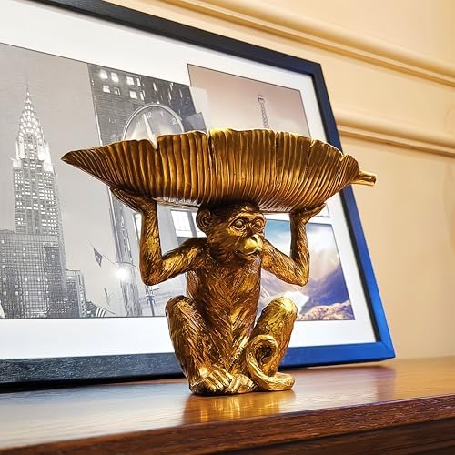 13.2'' L Monkey Fruit Tray Key Jewelry Dish Resin Statue Gold | resin catchall tray plates high bowl containers organizers for table entryway entry dresser counter gift