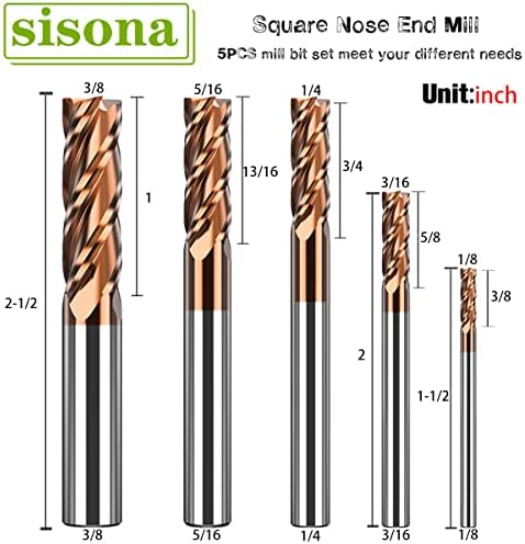 1/8" 3/16" 1/4" 5/16" 3/8" Carbide End Mills Set - Solid Carbide (Tungsten Carbide + Cobalt) - 5Pcs 4 Fulte CNC Mill Bits for Steel - TISIN Coated