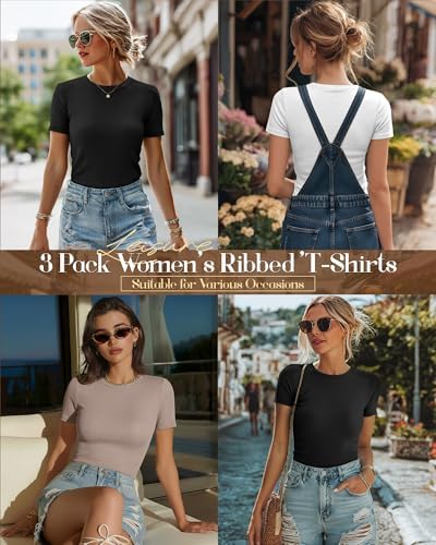 Ficerd 3 Pack Women's Ribbed Short Sleeve T-Shirts