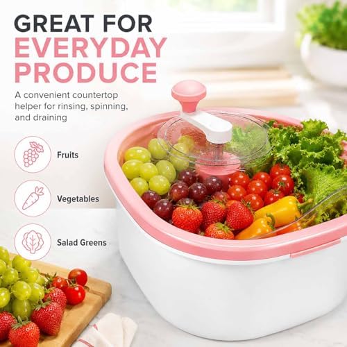 Manual Fruit Vegetable Cleaner Spinner, Large Washing Bowl with Brush & Drain Basket, Portable Hand Crank Cleaning Gadget for Berry Greens Herb Household Kitchen Food Washing Tool