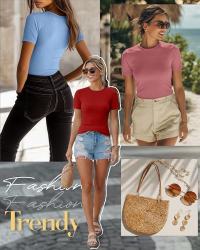 Ficerd 3 Pack Women's Ribbed Short Sleeve T-Shirts