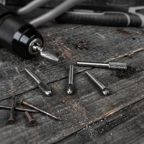 HAUTMEC 5Pcs Tungsten Carbide Rotary Burr Bit YG6, 1/4" Shank Double Cut Die Grinder Bit with Belt Pouch, Low Vibration Precision Rotary File for Metal Grinding, Engraving & Deburring (8MM), HT0455